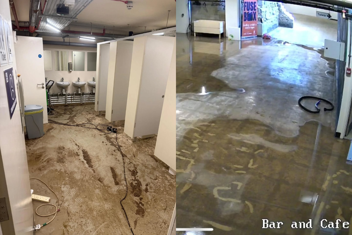 A composite of 2 images of FUSEBOX showing the flooded venue.