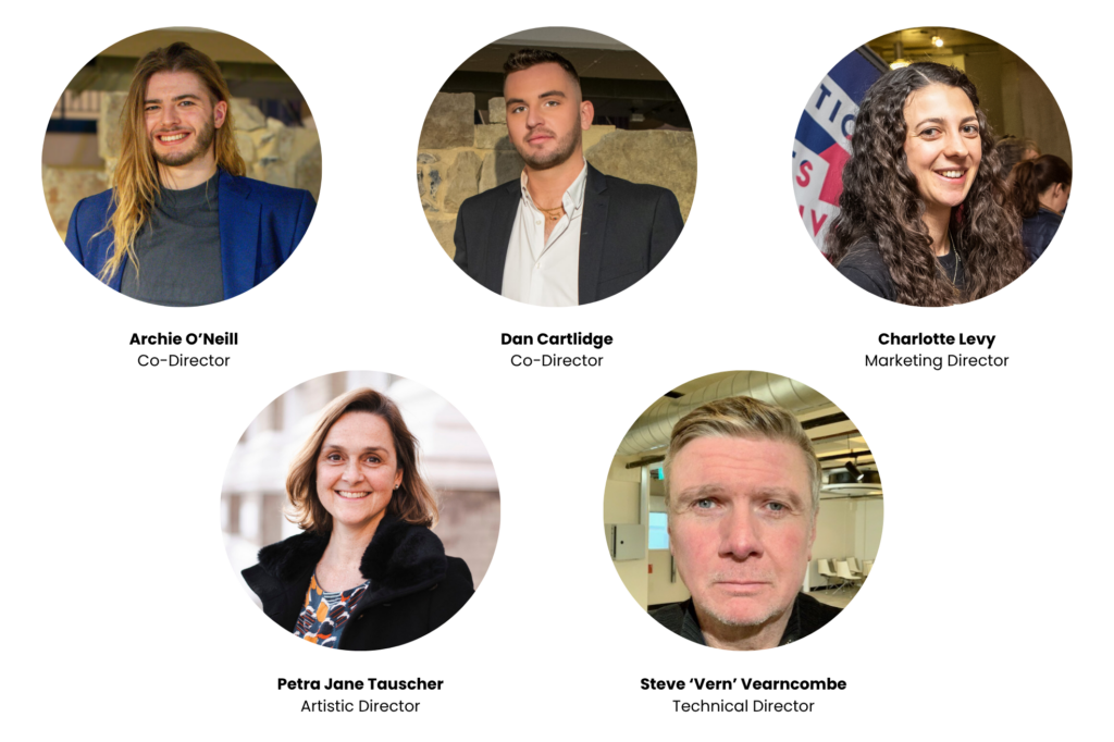 A grid of five circular profile photos showing individuals in professional attire, each with their name and job title displayed beneath. The roles listed are Co‑Director, Marketing Director, Artistic Director, and Technical Director. The backgrounds of the photos vary, including indoor settings and an outdoor backdrop. 