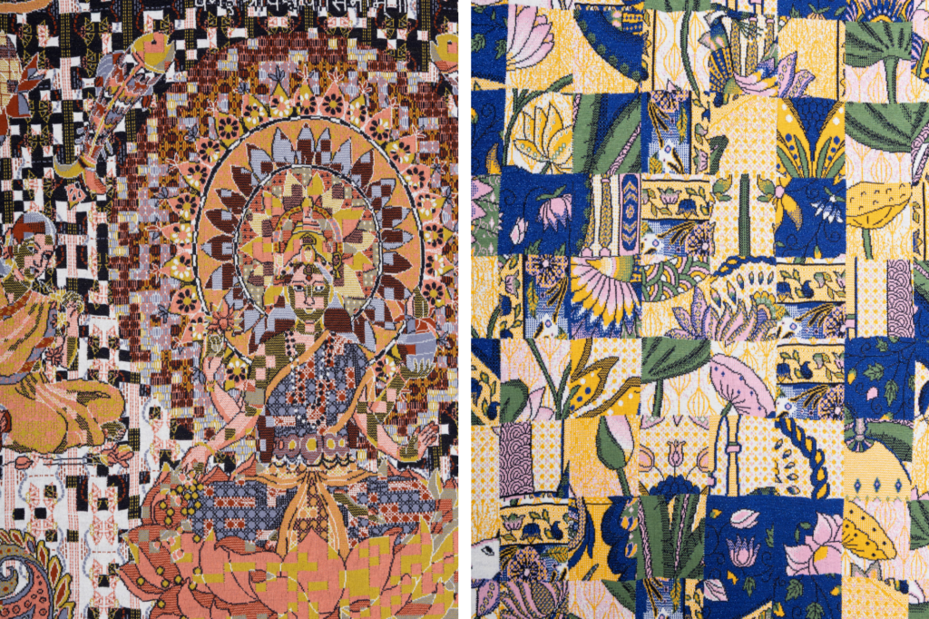 Side‑by‑side collage of two textile artworks. On the left, a richly patterned piece combines geometric grids and floral motifs with a central circular halo framing a stylised human figure, rendered in warm tones of peach, yellow, brown, black, and grey. On the right, a patchwork-style textile made up of small rectangular blocks features botanical and decorative patterns in blue, yellow, green, and pink, creating a quilt-like composition with repeating floral and abstract elements.