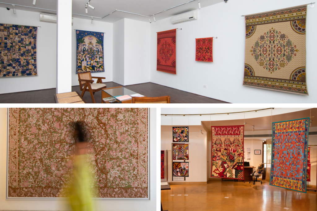 Collage of gallery interiors showing large, colorful textile artworks displayed on white walls: patterned hanging rugs in red, blue, beige, and multicolour designs; a seating area with wooden chairs and a glass table; a close-up of a pink-and-green patterned textile with a blurred figure passing in front; and a wider gallery view with multiple textiles suspended in an open exhibition space.